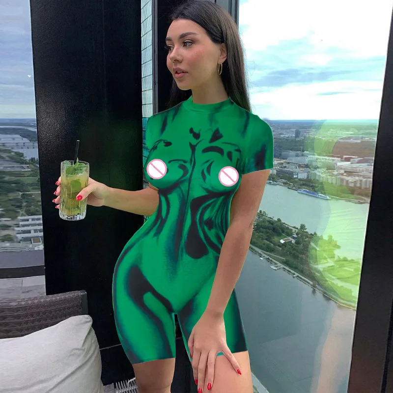 Y2K Printed Short Jumpsuit O Neck Short Sleeve Bodycon Playsuits Streetwear INS 3D One Piece Summer Women Clothes Rompers