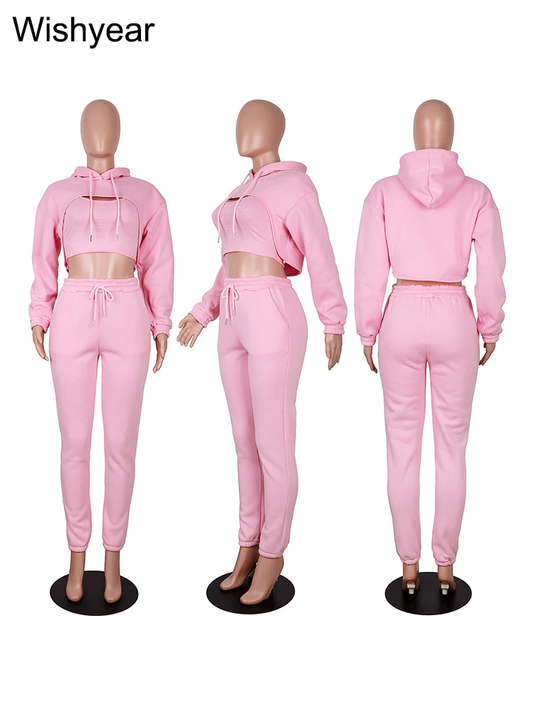 Tracksuit Pieces Pants Sets for Women Velvet Hoodie Crop Tops+