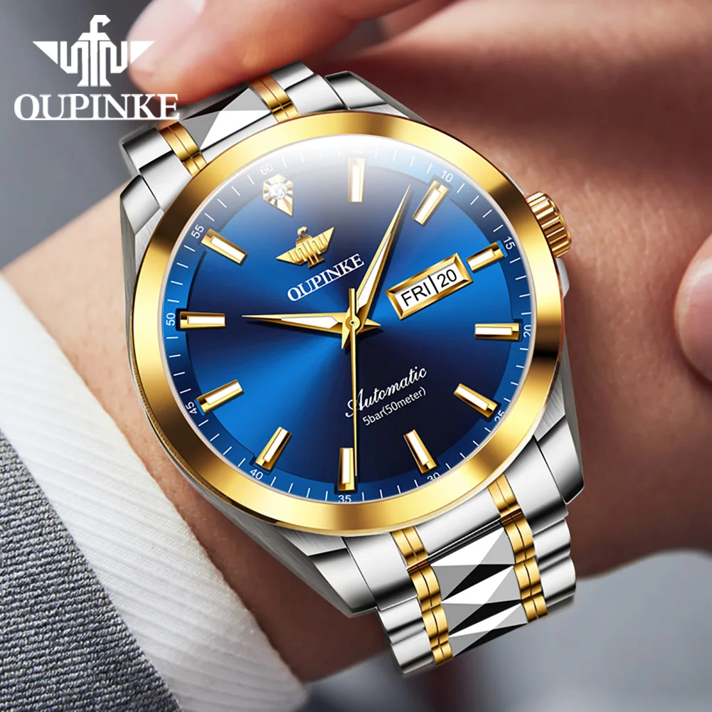 OUPINKE Original Real Diamond Mens Wristwatch Automatic Mechanical Watch Luxury Swiss Movement Luminous Dress Calendar