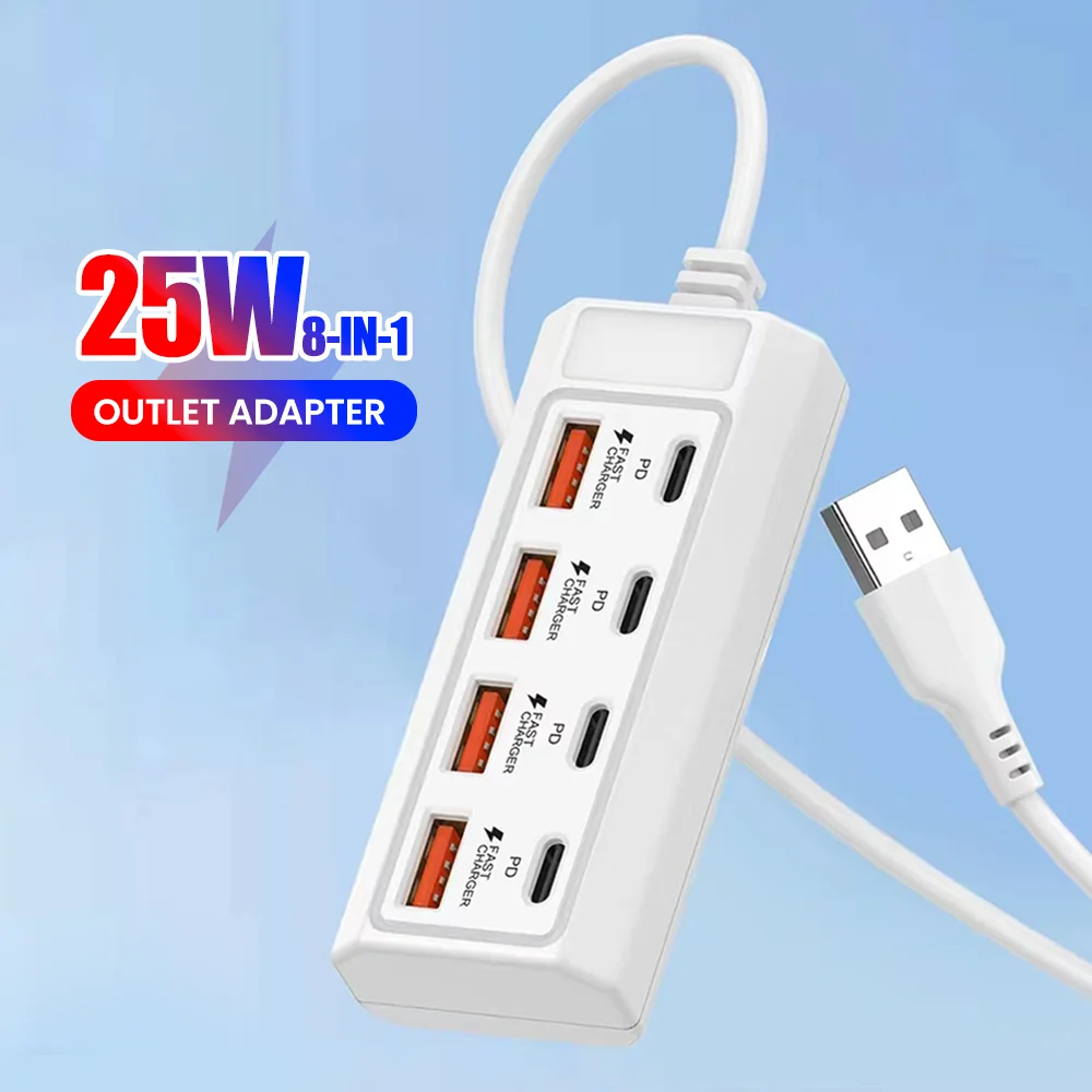 8 in 1 USB Electrical Socket 25W Fast Charging Power Outlet Adapter Docking Stations USB Splitter Converter Extension Socket