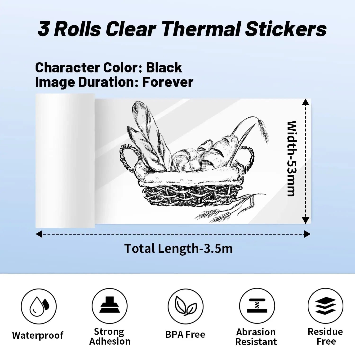 Phomemo 3 Rolls 50mm * 3.5M 검정색 투명 자기 접착 성 감열지 M02 시리즈 용 BPA 프리 스티커 Mini Protable Printer