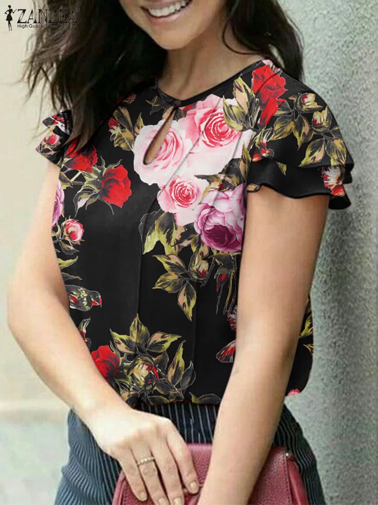 

Летняя модная блузка ZANZEA с цветочным принтом, Женская туника с коротким рукавом и круглым вырезом, топы, Повседневная Праздничная рубашка, элегантная офисная рубашка