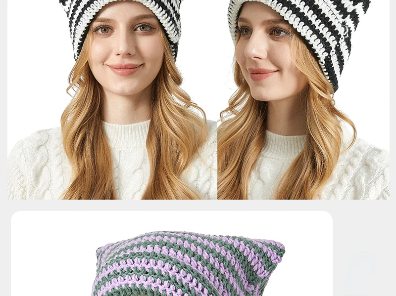 Japanische Beanie-Mütze für Damen, gestreifte Teufelchenmütze aus Strickwolle, Herbst und Winter, niedliche Katzenohren, wärmende Mütze, Freizeitmütze – Detail 4