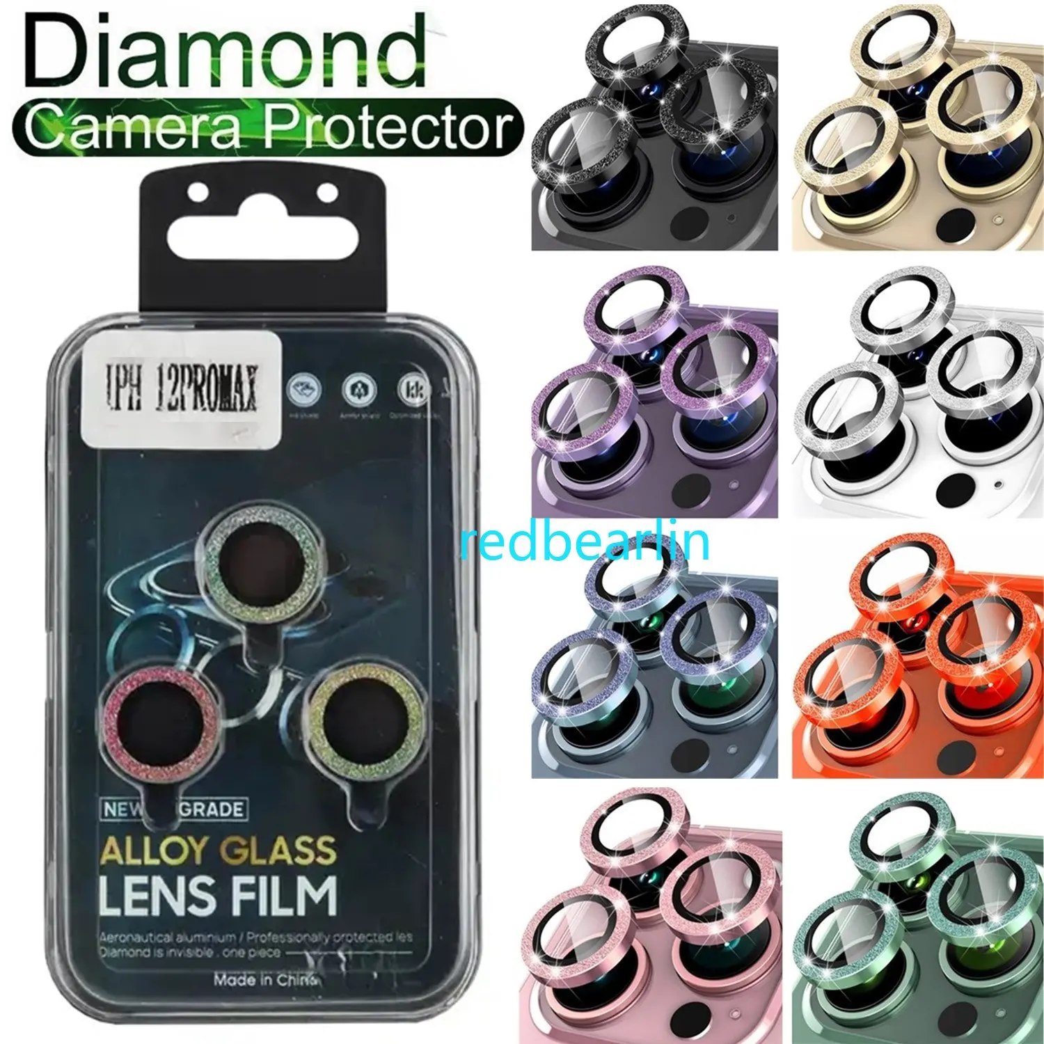 

50set Luxury Glitter Diamond Camera Lens Protector on For iPhone 15 11 12 13 14 pro max Back Camera Glass Protect Sticker Cap
