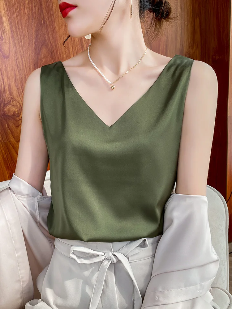 

HONGHANYUAN Women Summer Silk V-neck Sleeveless T-shirt Backless Shirts Vintage Blouse Solid Color Black White Female Tops