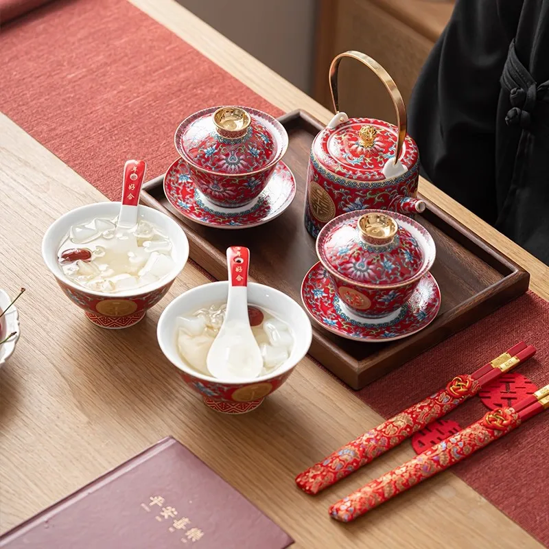 Chinese Wedding Tea Set, Enamel Red Double Happiness Cup, Bride Dowry Gifts, Ceremony Kung Fu Tea Pot, Bridal Bowl Chopsticks