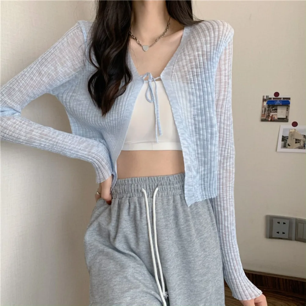 

Thin Knitted Cardigan New Summer V-neck Ice Silk Shawl Beach Vacation Long Sleeve Sunscreen Top