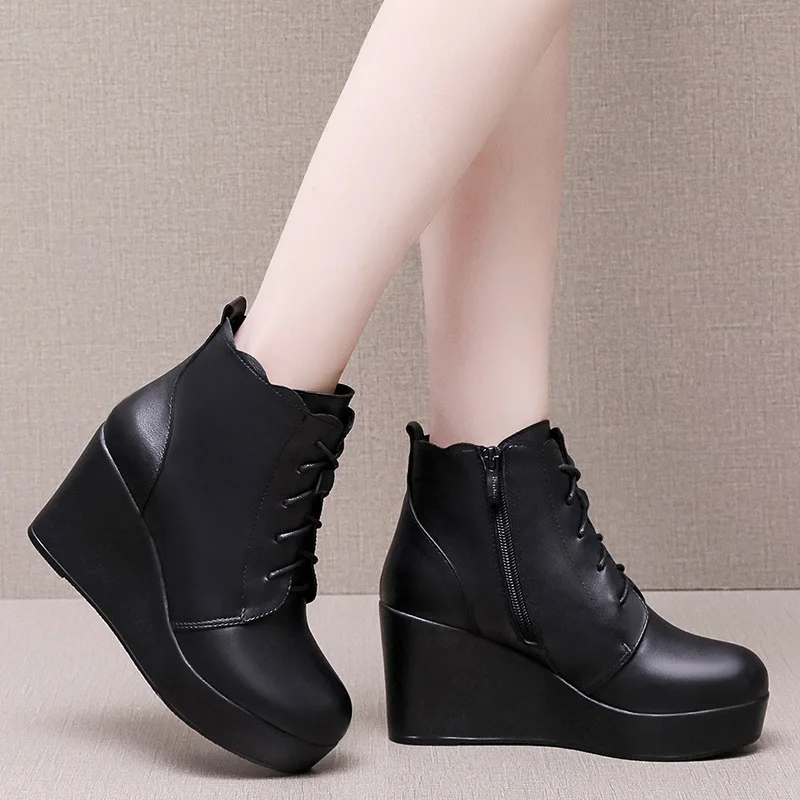 Genuine Leather Platform Lace Zipper Ankle Boots Women Fashion Wedge Shoes Winter Women High Heels Warm Women Snow Boots