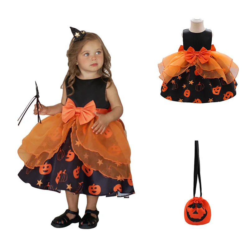 

Halloween Pumpkin Three Sets Dress For 1-4 Years Old Baby Girl Cute Orange Kids Party Stage Show Costume Children Easter Clothes