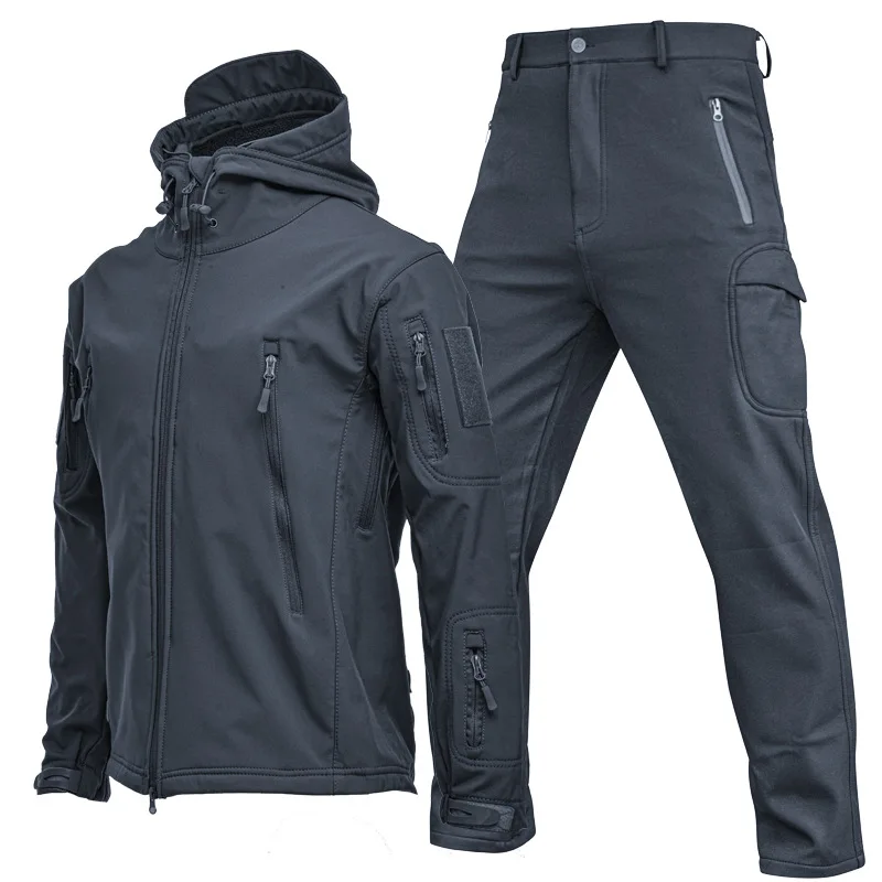 Men's Outdoor Sports Jacket Pants Sets Men Fleece Warm Waterproof Cargo Work Coat Trousers Set Men's Hiking Clothes 4