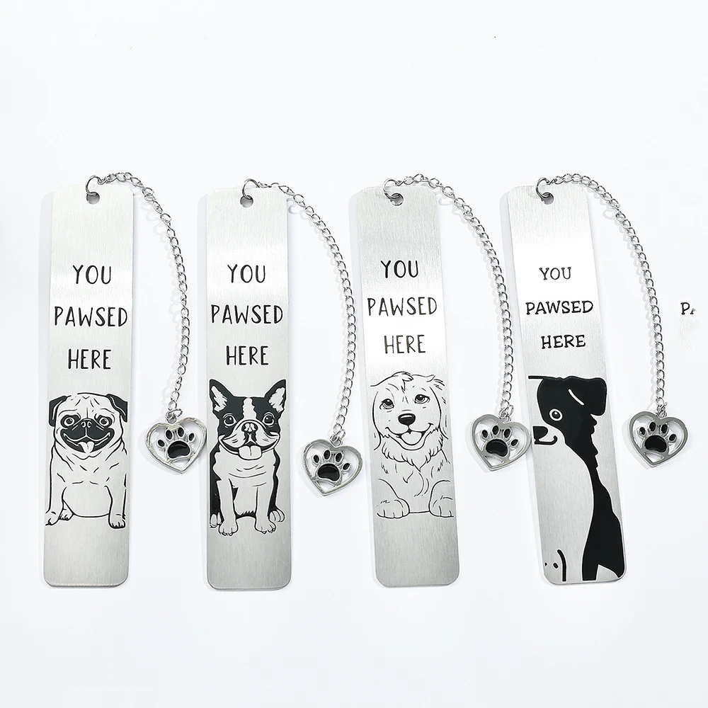 Metal Bookmark Metal stainless steel with dog paw pattern carving for dog lovers' reading gift of 'You Pawsed Here' animal bookmark bookmarks stationery supplies