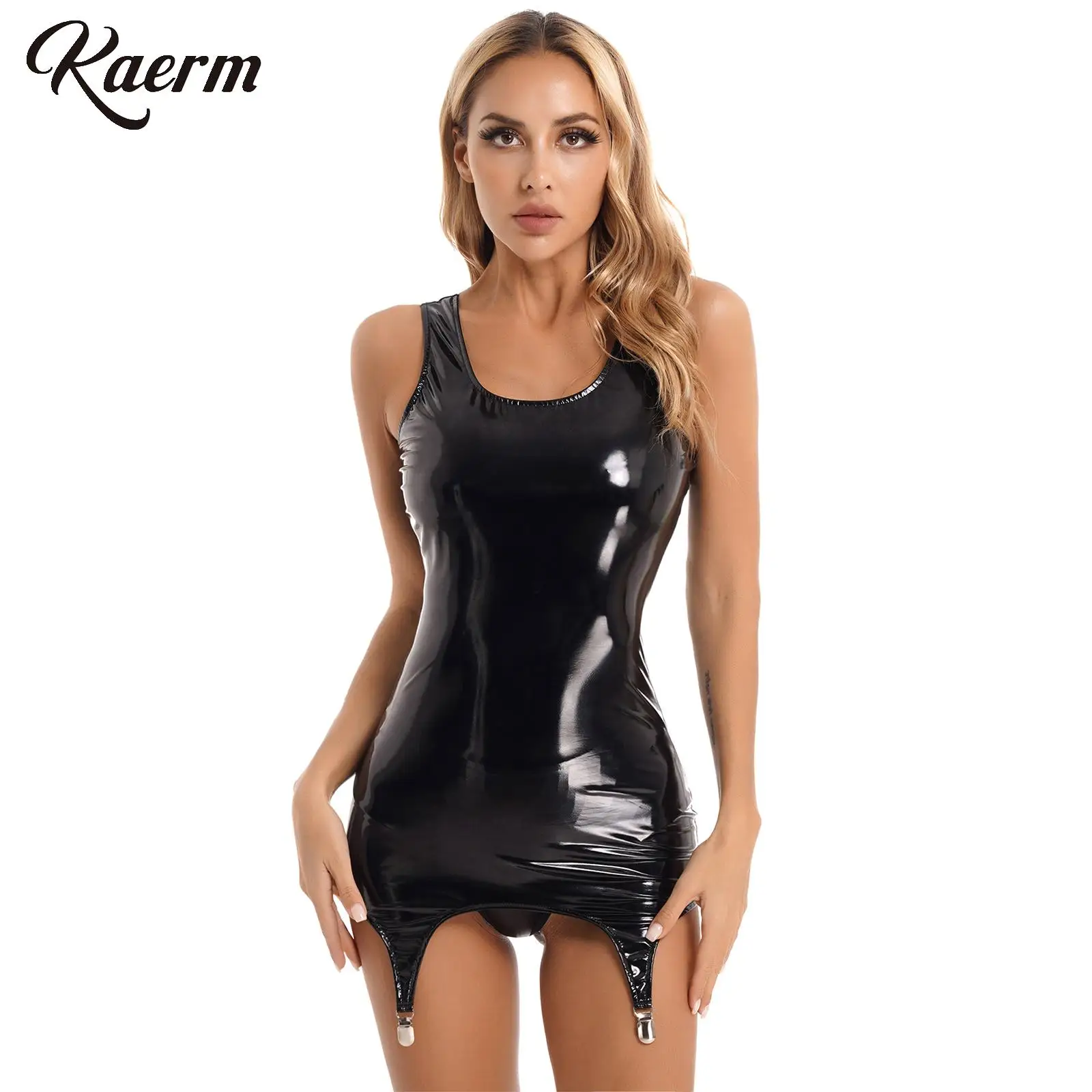 

Sexy Women Patent Leather Mini Bodycon Dress Latex Teddy Bodysuit Wetlook Sleeveless Tank Dresses with Metal Clips Clubwear
