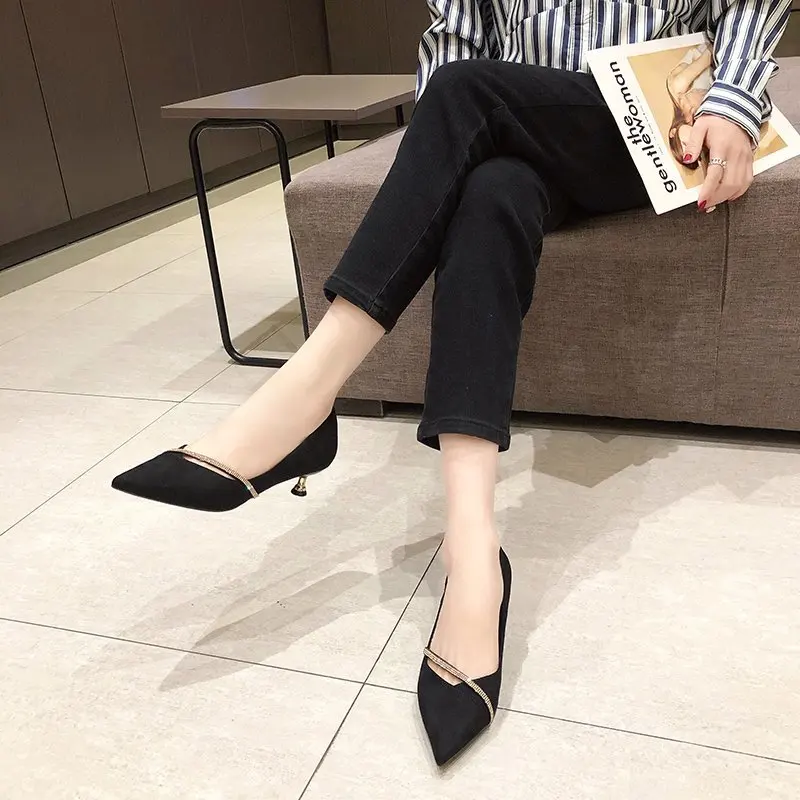 Four Seasons Women's Suede High Heels 2024 New Pointed Stiletto Fashion Sexy Black Wedding Shoes Office Lady Shoes 6