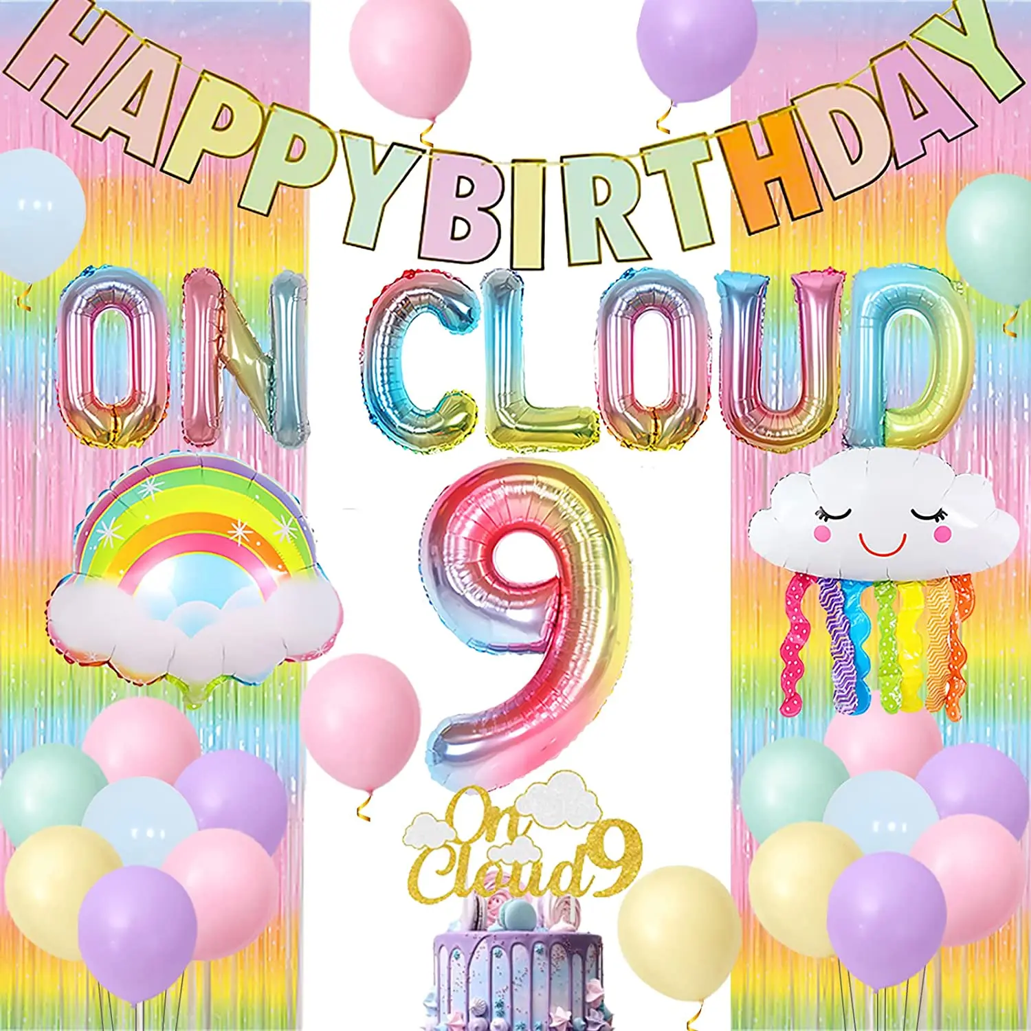 

On Cloud 9 Birthday Decorations for Girls, Birthday Supplies, Cake Topper, Rainbow Balloons, Curtain for 9th Party