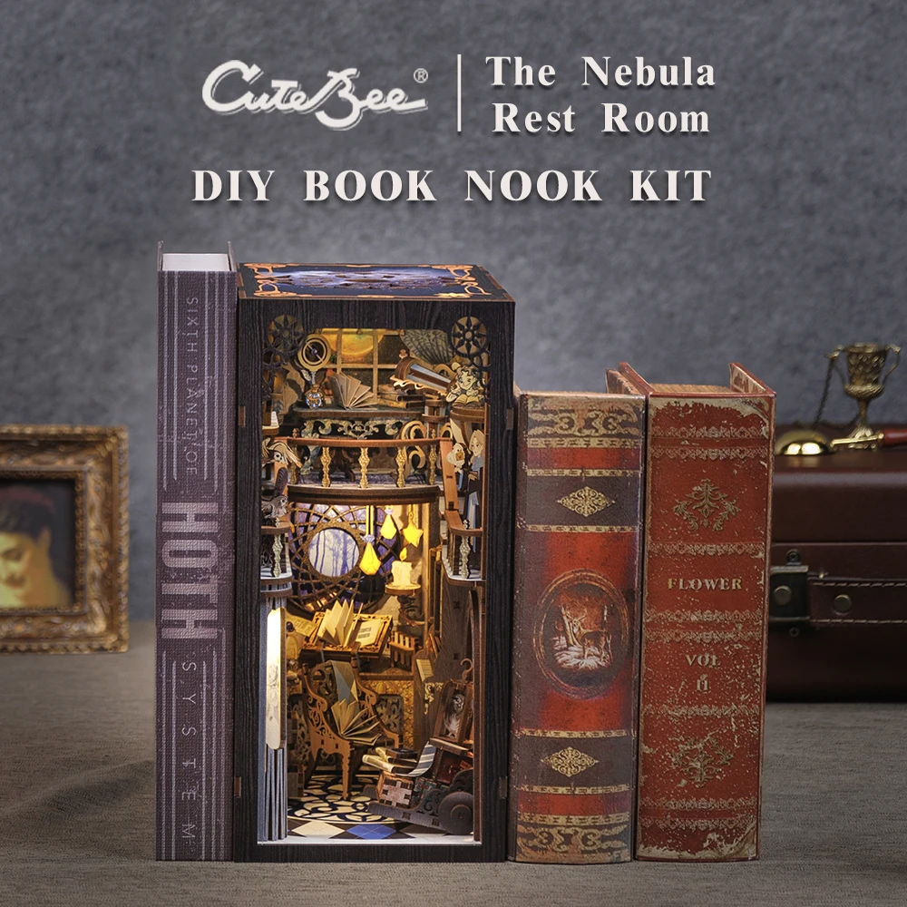 Cutebee DIY Book Nook Kit 3D Wooden Dollhouse Bookshelf Insert Decor Alley Miniature House with Dustproof LED Light Booknook