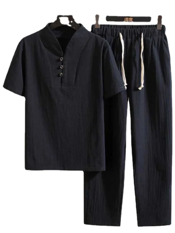 2PCS Retro Chinese Traditional Man Clothing Set Linen Summer Half Sleeve V-neck T-shirt Solid Oriental Kung Fu Tang Suit