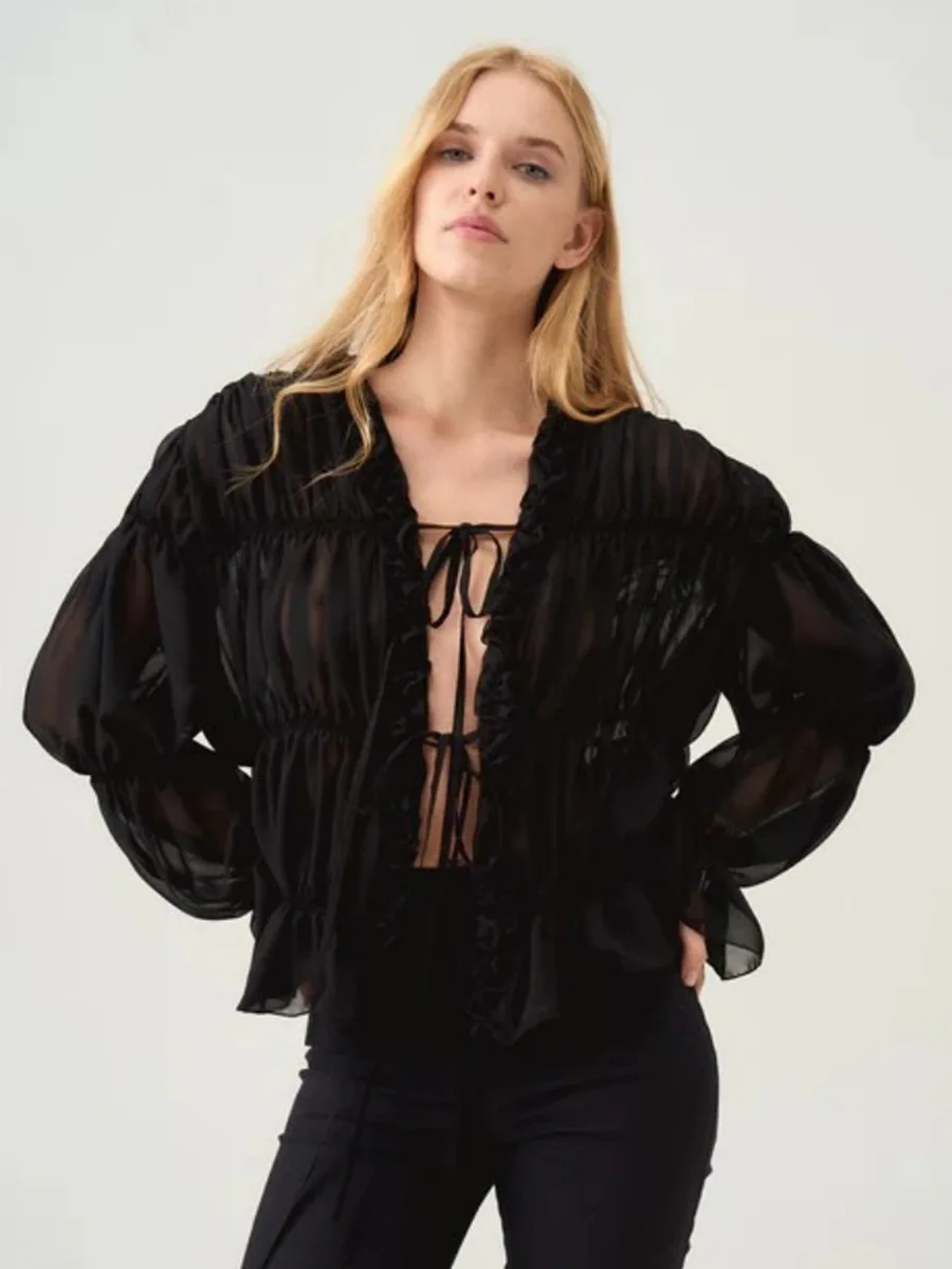 Bornladies 2026 Spring Summer New Women's Ruched Sheer Blouse Solid Color Ruched Ruffle Lace-Up Drape Tie-Front Blouse