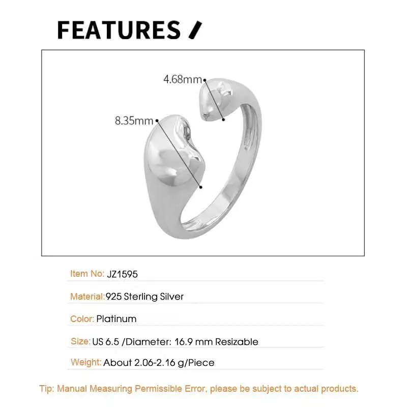 F.I.N.S Original Plain S925 Sterling Silver Open Ring Irregular Glossy Adjustable Stacked Finger Fine Jewelry Prevent Allergy 5