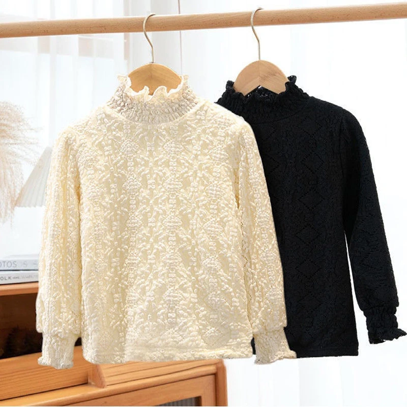 Kids Shirts Baby Girls Shirt Winter Thick Long-sleeved Blouse Girls High-neck Tops Children's Clothing Pullover 1 to 12 years