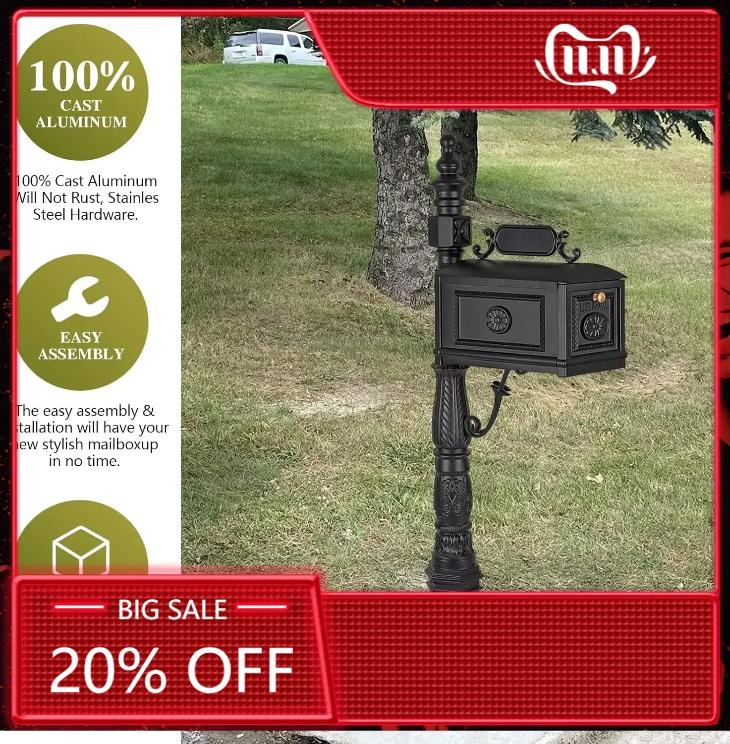 Barcelona Decorative Post Mailbox Combination Stratford Heavy Duty Postal Mail Box Cast Aluminum(Black)