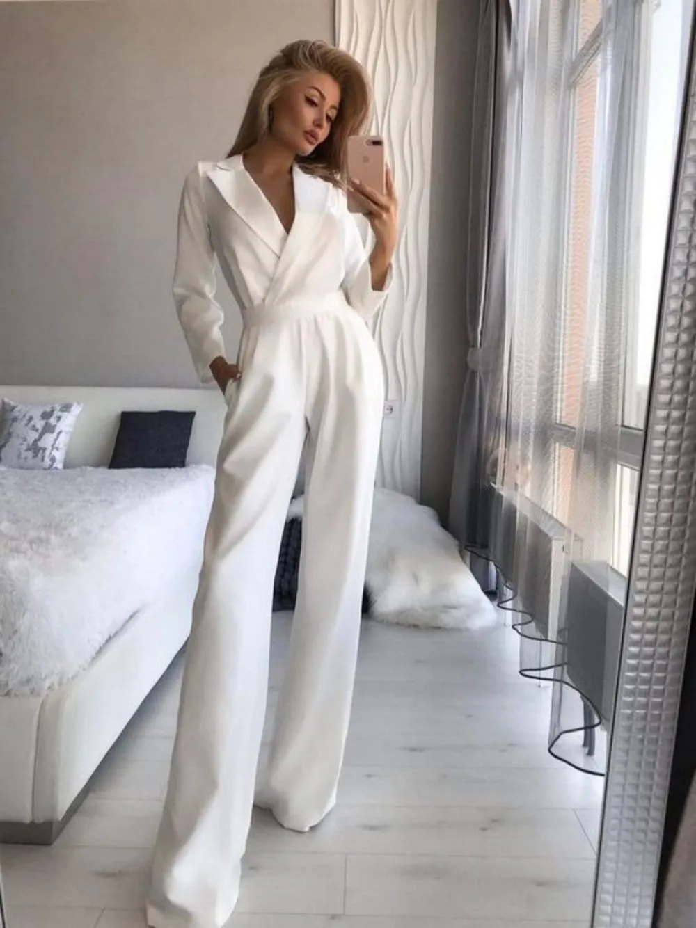 Lady Fashion Solid Color V Neck Tight Formal Office Jumpsuit Women Loose Long Sleeve Wide Leg Pants Elegant Rompers Jumpsuits