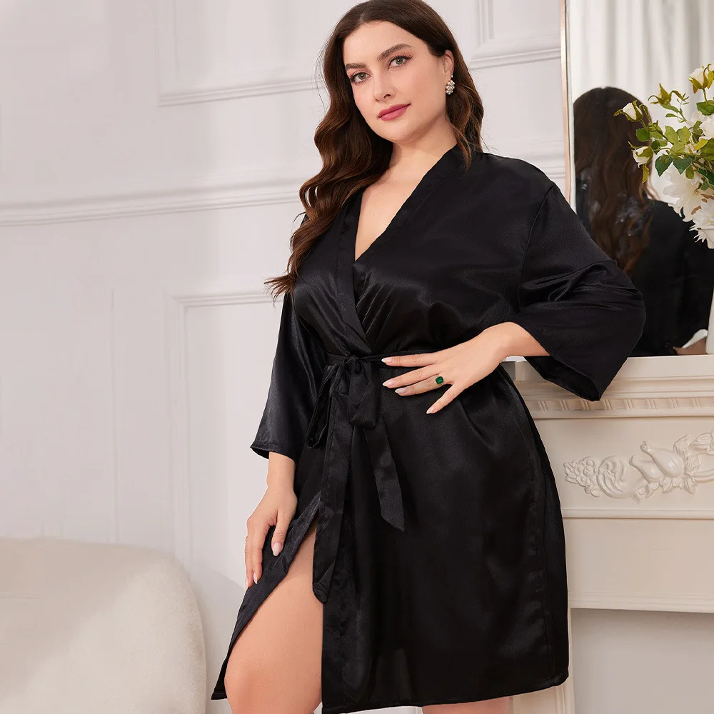 Spring Summer Ladies Plus-size Sexy Imitation Silk Robe Solid Color Home Dress Pajamas Sexy Loose Cardigan Lace-up Bathrobe 5XL