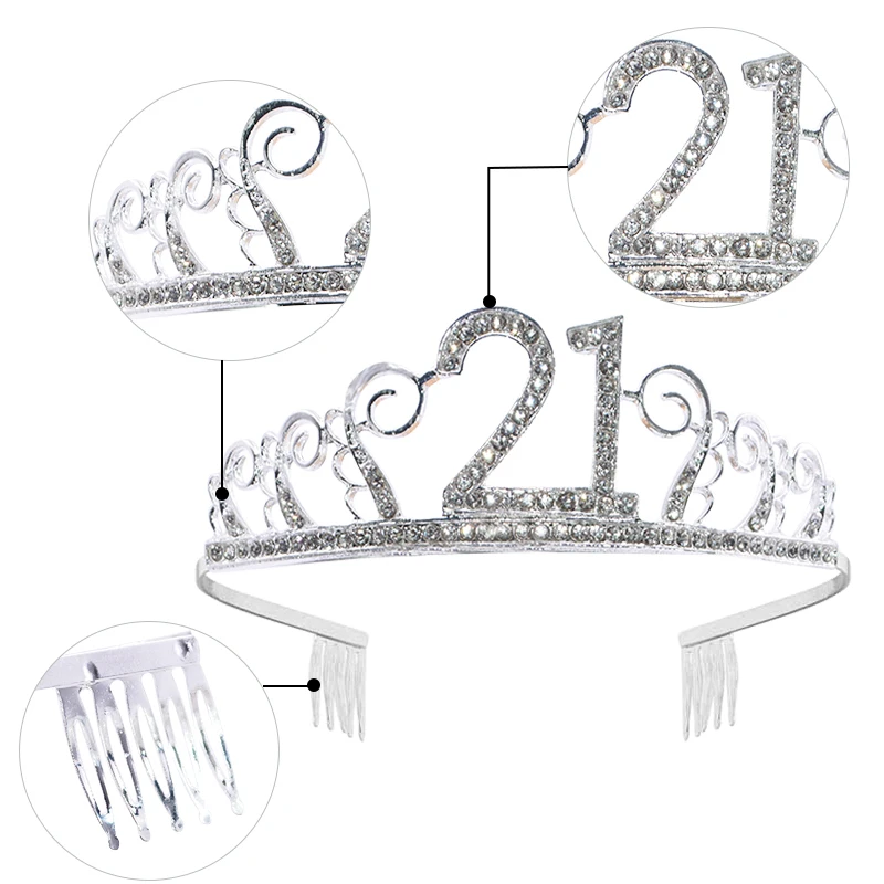 Birthday Crown 18/21/30/40/50/60 Birthday Party Decorations Adult Birthday Princess Crown Headband Crystal Tiara Women Crown Hair Accessories