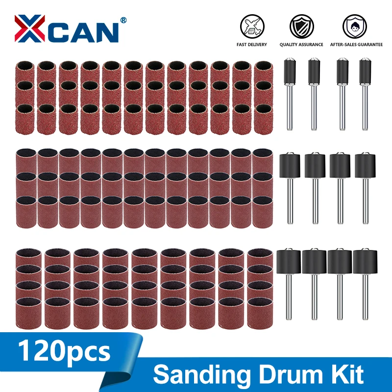 XCAN 120-teiliges Schleiftrommelset # 60 # 80 # 120 # Schleifband mit 320er Körnung und 1/8'' Sanddornen für Dremel-Rotationswerkzeug