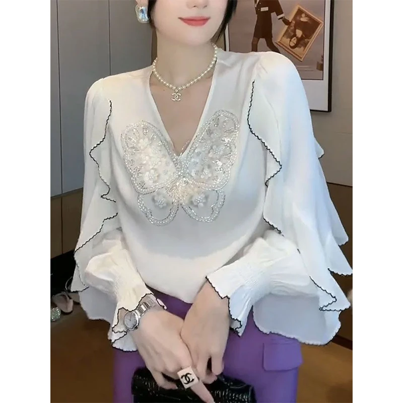 Spring Summer V-neck Butterfly Sequined Ruffles Long Sleeve Shirt Ladies Elegant Fashion Pullover Blouse Women's Clothing Top