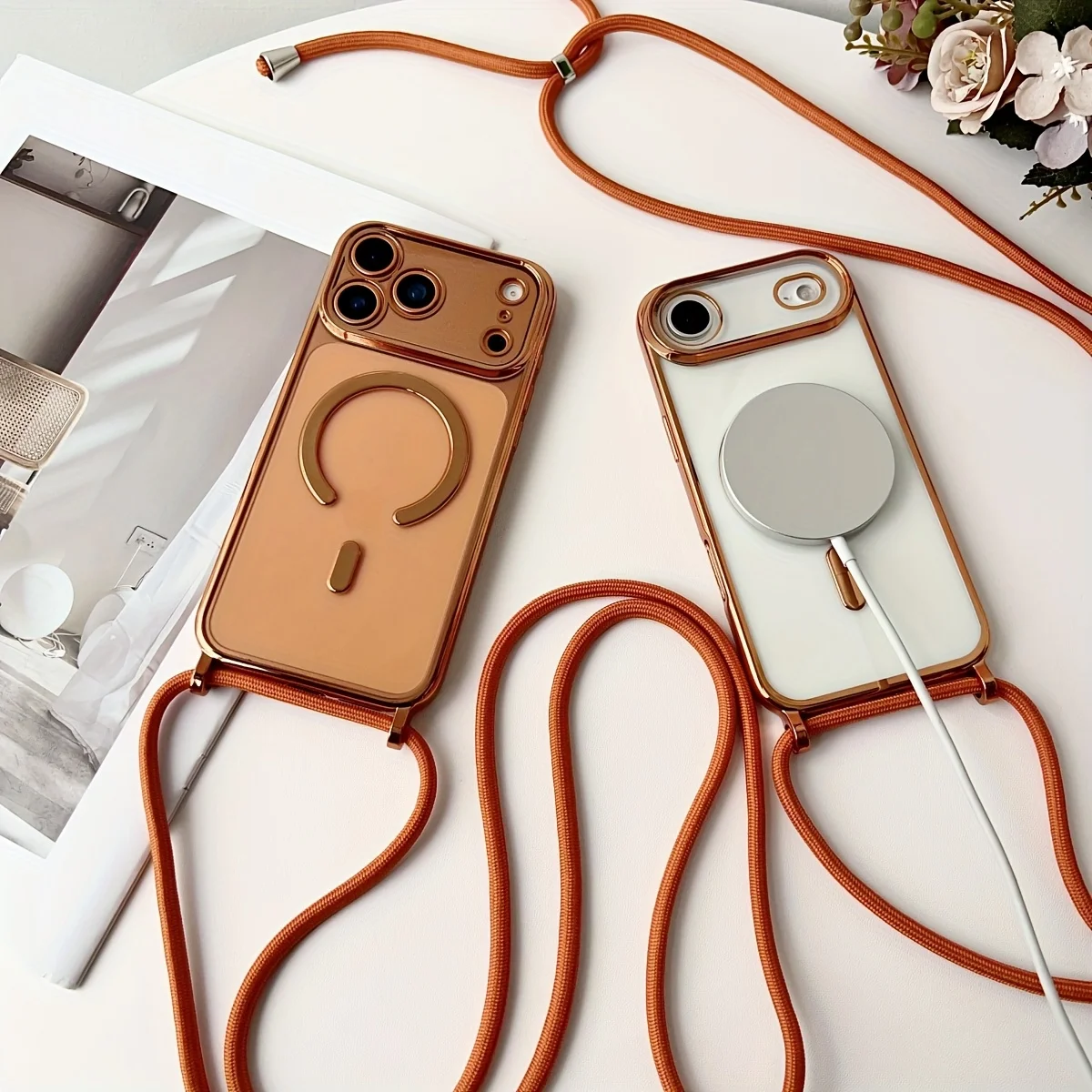 Elegant Magnetic Clear Phone Case with Luxury Rope Lanyard and Plating Finish