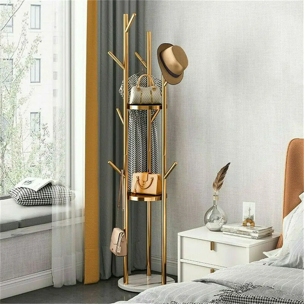 Clothes Rack Marble Metal Freestanding with 3 Storage Shelves 9 Hooks For Enterway Hall Hanging Coats Jackets Hats Bag
