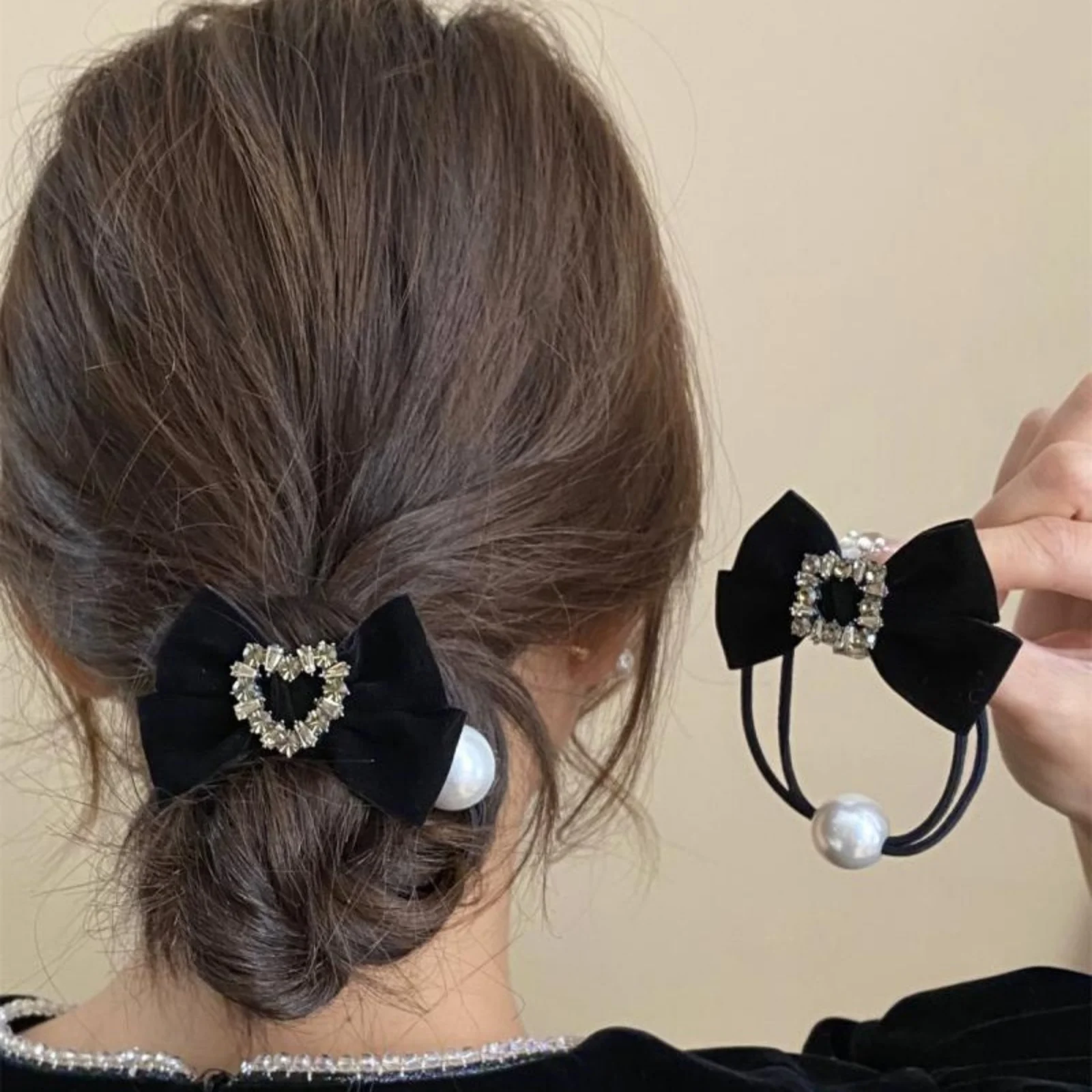 1 STÜCK Schwarzer Samt Strass Perlen Haarklammer & Scrunchie, Elegante Retro-Haardekoration, Haarschmuck im koreanischen Stil für Dutt – Detail 1