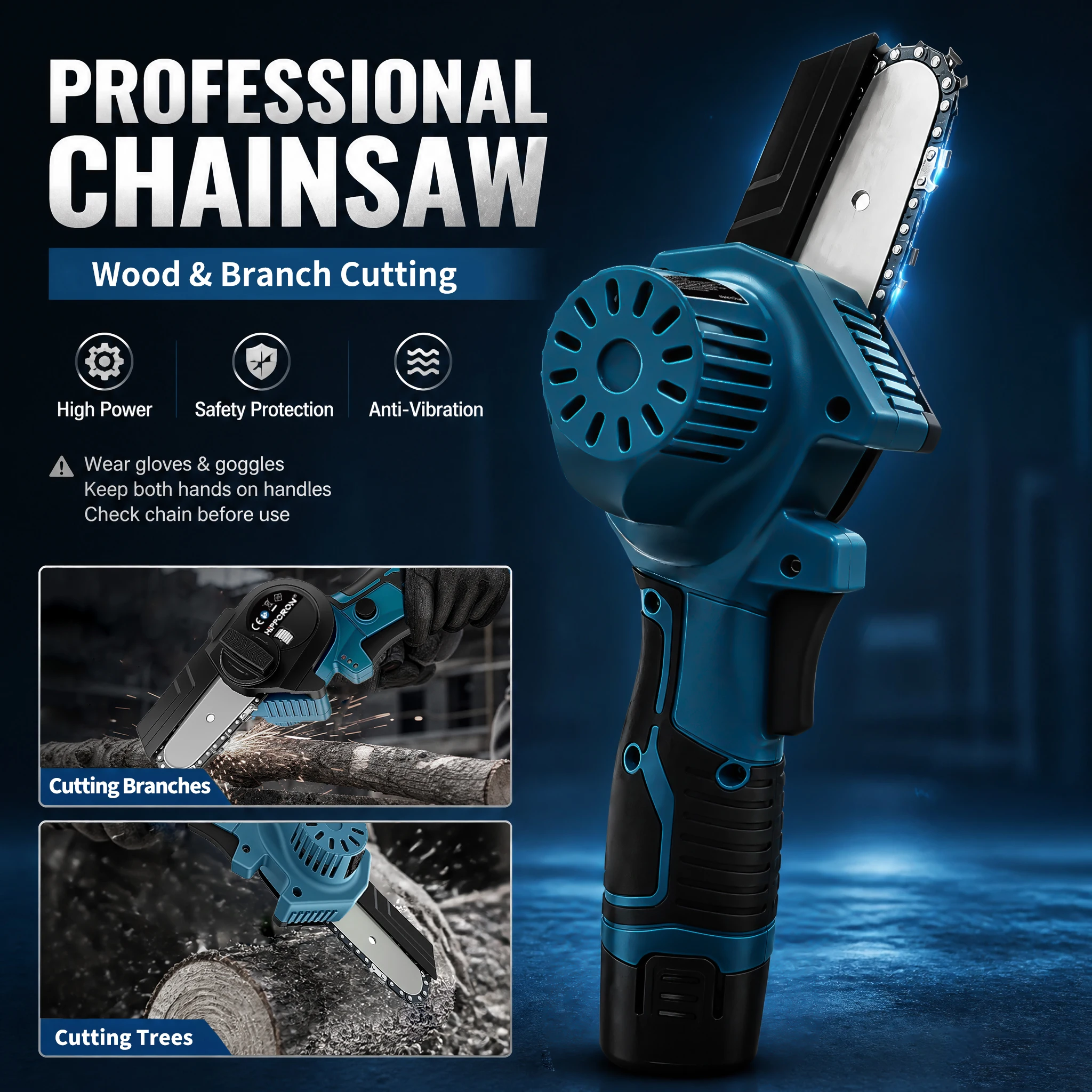 HIPPCRON 3500RPM 4인치 무선 전기톱 충전식 브러시리스 전기 전정톱 나무 가지 절단용