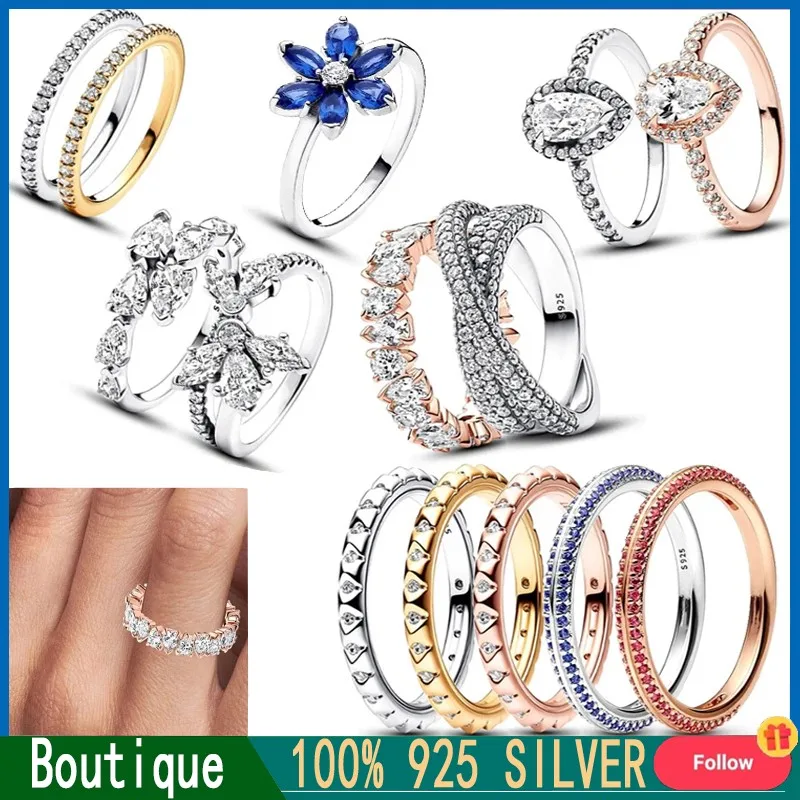 New Original Logo 100% 925 Silver Popular Women's Sparkling Blue Pear Flower ME Cone Ring Fashion DIY Charm Jewelry Gift