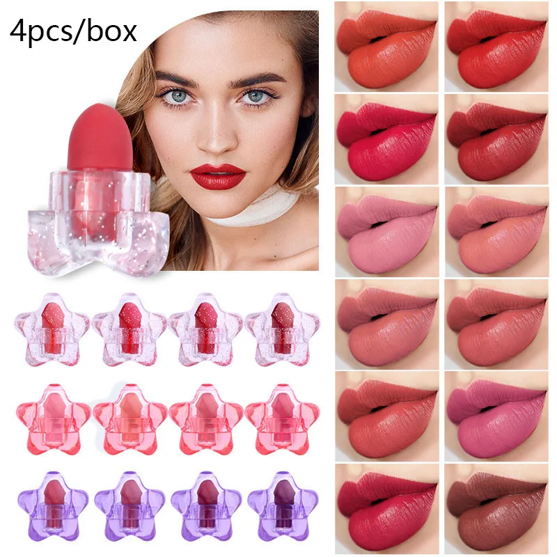 

Mini Little Stars 4pcs/box Nude Pink Lipgloss Matte Lipstick Lasting Moisturizing Lip Gloss Cute Girl Sexy Red Lips Cosmetics