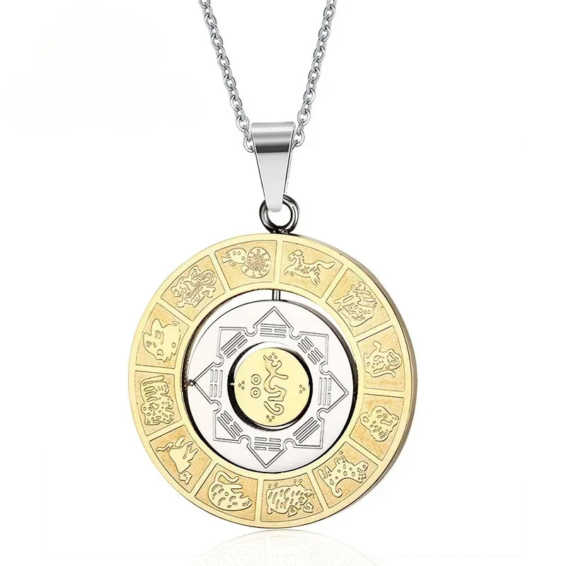 

CHUANGCHENG Jewelry chain, Rotatable Twelve Zodiac Signs and Eight Trigrams Chart Necklace, Stainless Steel Pendant chain