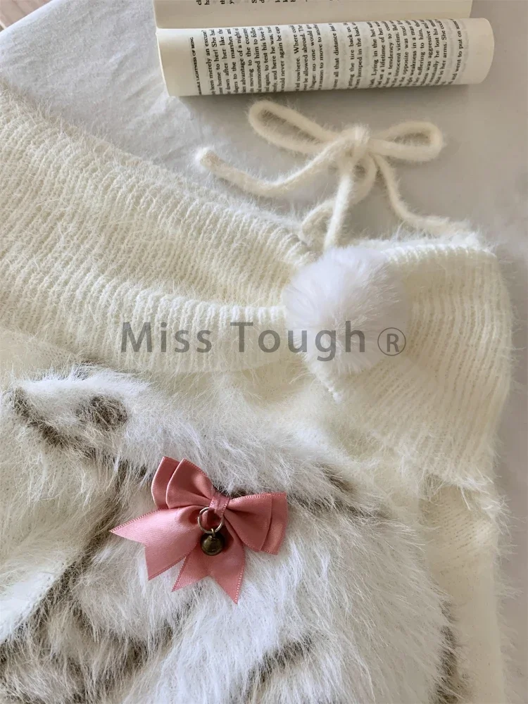 Fall Winter Women Sweet Korean Girl Slash Neck Cuddly Sweater Long Sleeve Pullovers 2000s Aesthetic Mori Girl Cozy Cute Core 4