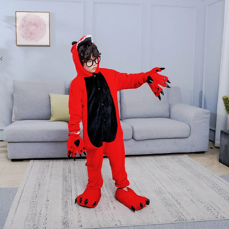 Kigurumi Tier Pyjamas Unisex Erwachsene Rot Dinosaurier Cartoon Onesies Pyjamas Halloween Weihnachten Familie Party Homewear Kostüme – Detail 3