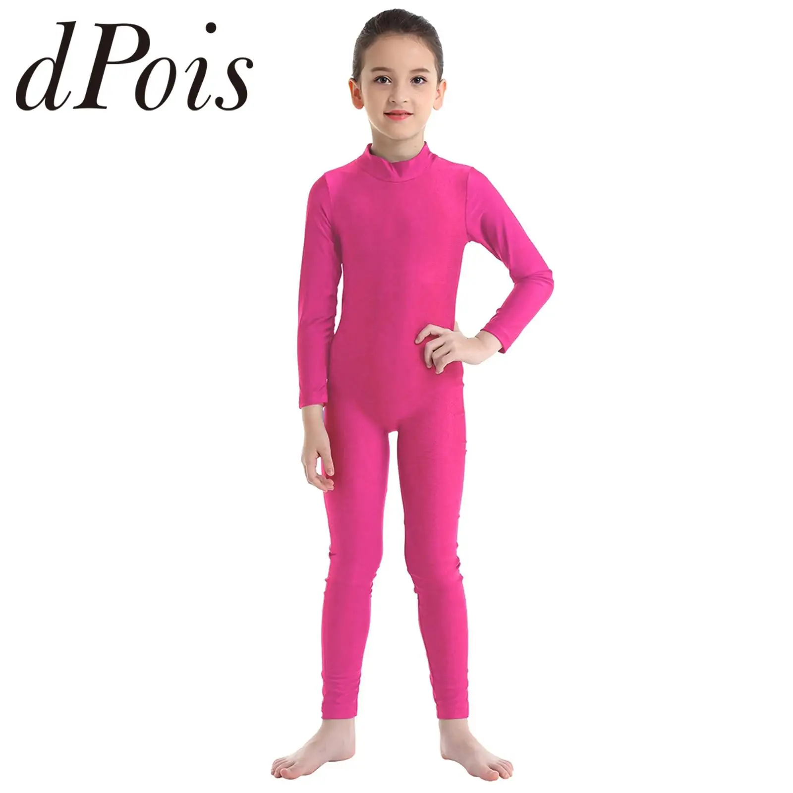 Kids Long Sleeves Gymnastics Jumpsuit For Girls Slim Fit Dancewear Dance Bodysuit Zippered Mock Neck Ballet Leotard Unitard