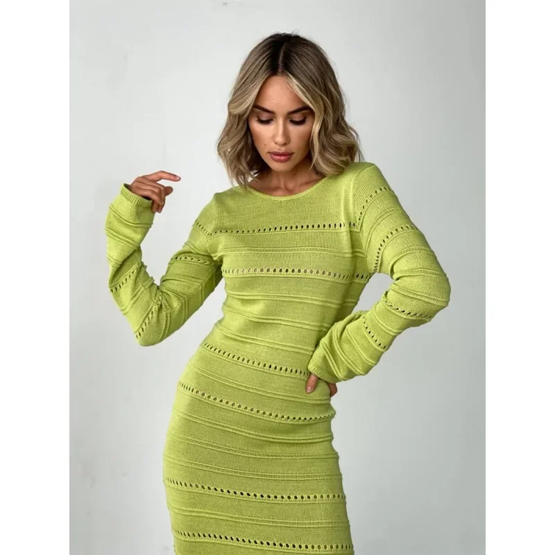 Striped Hollow Two-Wear Knitted Long Dress For Women Fashion Party Club Sweater Dress Vestido FemaleSlim Solid Outfits
