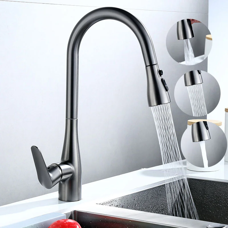 

360 Rotation Grey Three Outlet Mode Kitchen Faucets Brushed Nickel Kitchen Sinks Single Handle Pull Out Mixer Hot and Cold Water