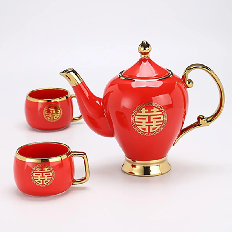Chinese Red Ceramic Tea Set, Teapot, Porcelain Kettle, Teaware with Handle, Newlywed Banquet Party Supplies