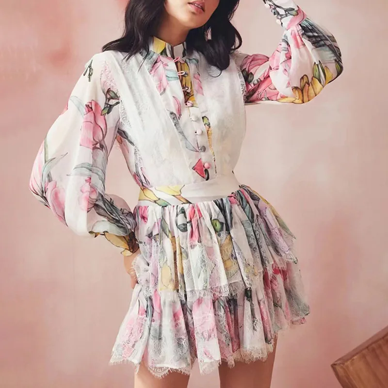 

Summer Women's Dress 2023 New Flower Print Lace Stand Collar Bubble Sleeve Single Breasted Cake Dress Free Shipping