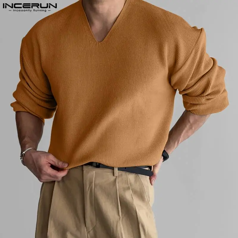 

INCERUN Men's Sweaters Solid Color V Neck Long Sleeve Knitted Streetwear Casual Male Pullovers Korean Fashion Men Clothing S-5XL