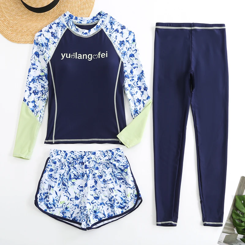 Conjunto de maiô feminino rash guard 3/4 peça maiô senhoras calças modesto atlético wetsuit superior acolchoado sutiã esportivo manga longa