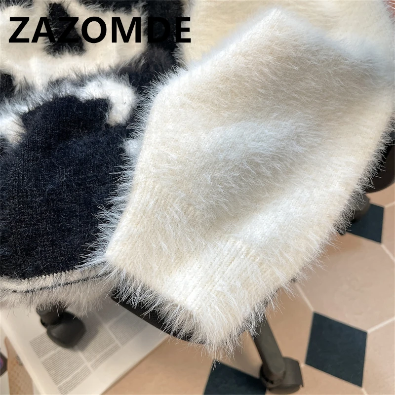 ZAZOMDE Winter Warm Sweaters Skull Head Patchwork Hip  Hop Knitwear Sweaters For Men Y2k Pullovers O Neck Woolen Jumper Clohtes