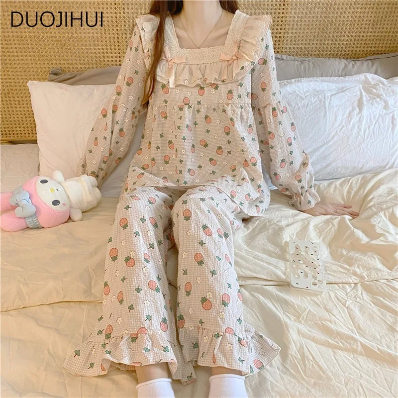 DUOJIHUI Two Piece Vintage Sweet Casual Home Pajamas for Women New Autumn Chicly Lace Simple Casual Fashion Female Pajamas Set