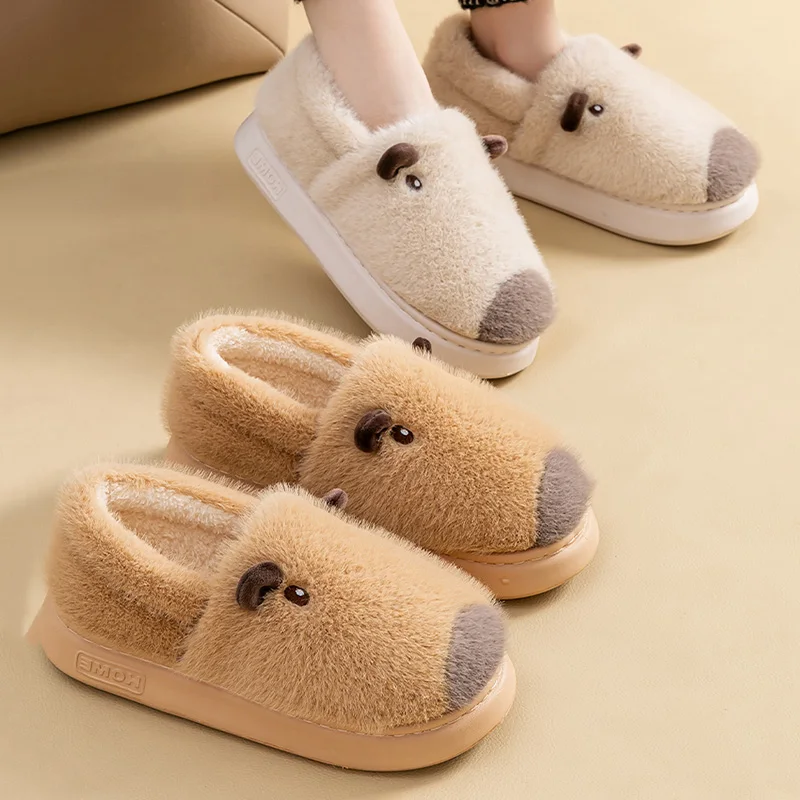 Cartoon Capibala Fluffy Slippers Women Comfortable Soft Sole Cotton Padded Shoes Woman Indoor Non Slip Warm Plush Slides Female