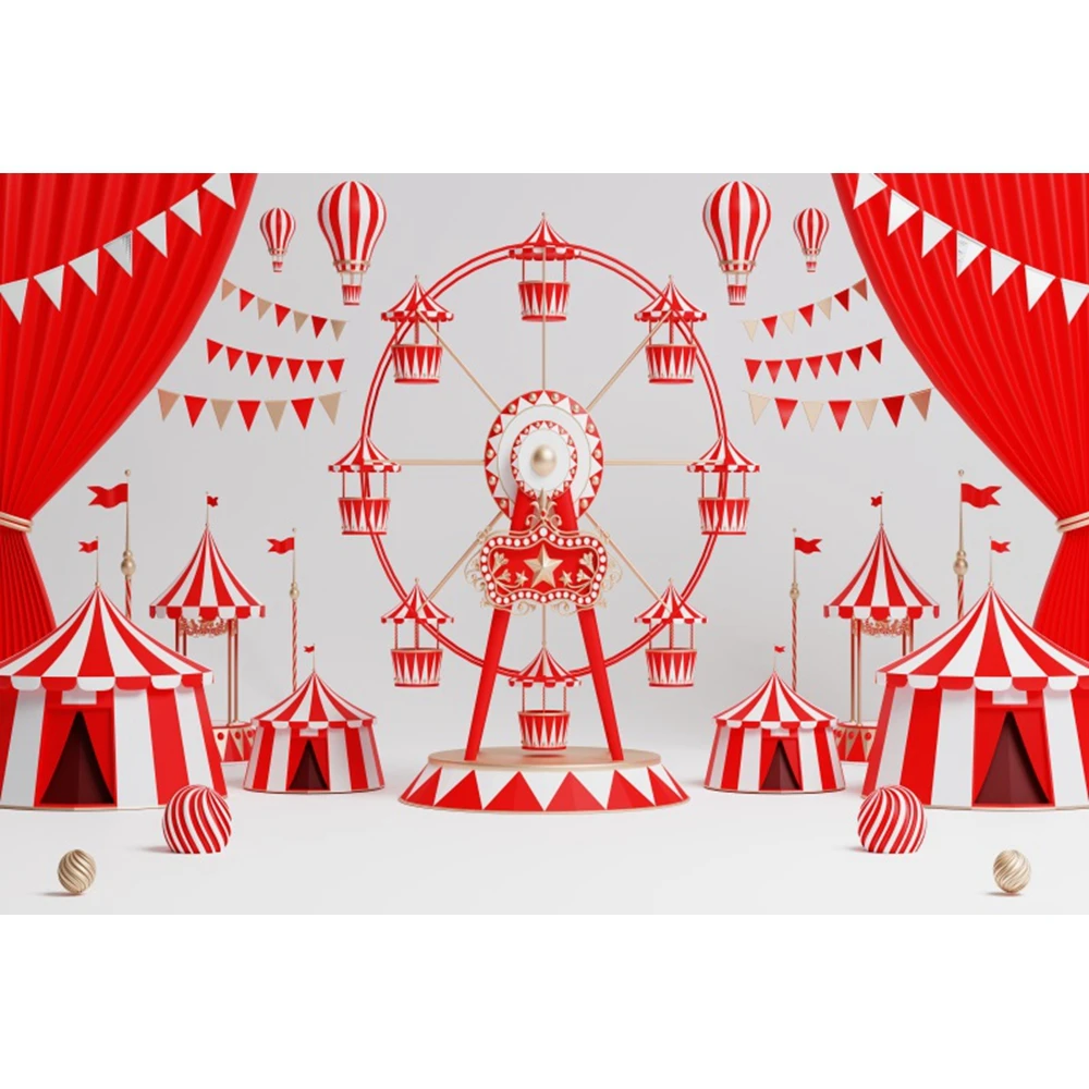 AI Painting Circus Carnival Backdrop Ferris Wheel Red Tent Baby Birthday Party Decor Photography Background Newborn Photo Studio