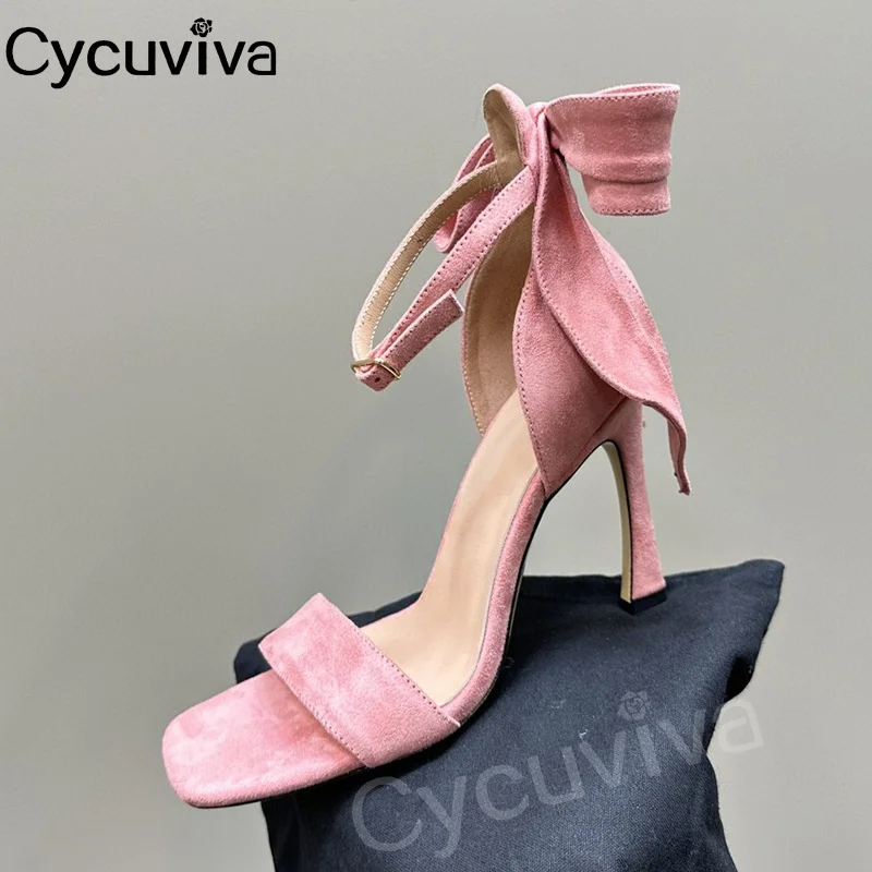 

New Suede Leather Mules Bowknot Decor High Heel Gladiator Sandals Women Square Toe Ankle Strap Party Shoes Ladies Summer Sandals